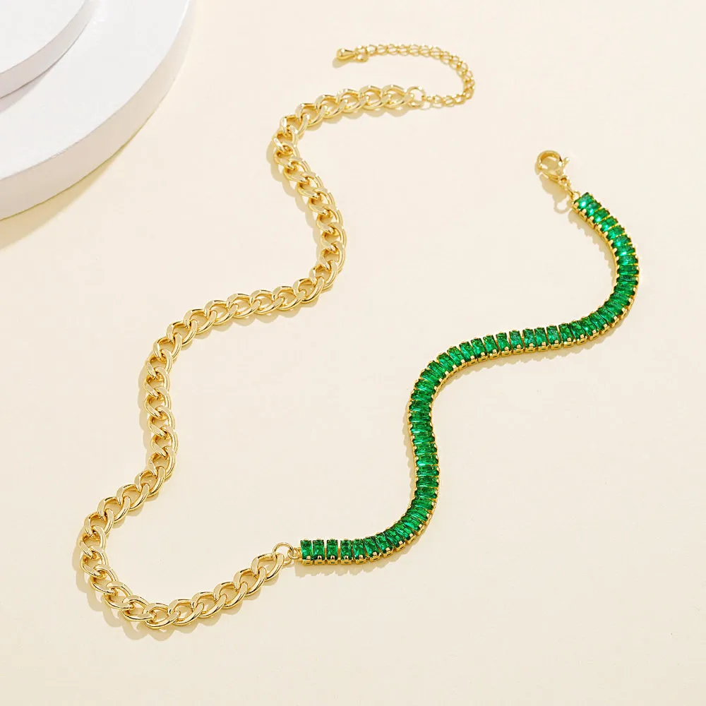 14K Gold Diamond Tennis Necklace CZ Tennis Chain- Baguette Green CZ & Cuban