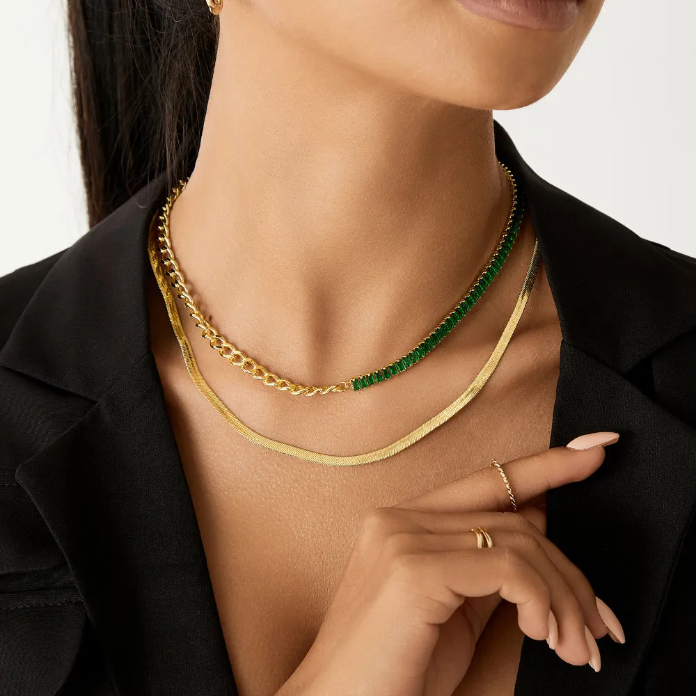 14K Gold Diamond Tennis Necklace CZ Tennis Chain- Baguette Green CZ & Cuban