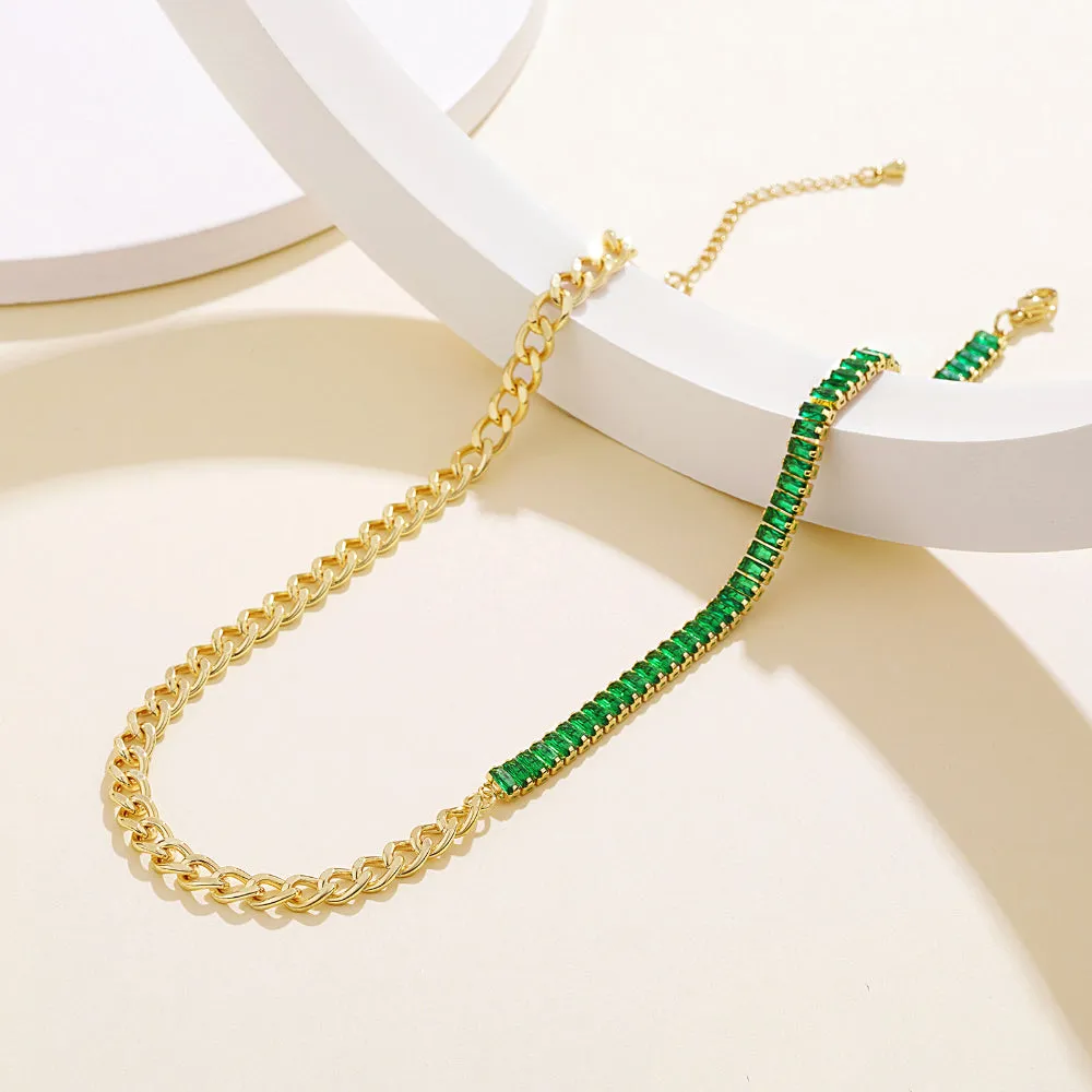 14K Gold Diamond Tennis Necklace CZ Tennis Chain- Baguette Green CZ & Cuban