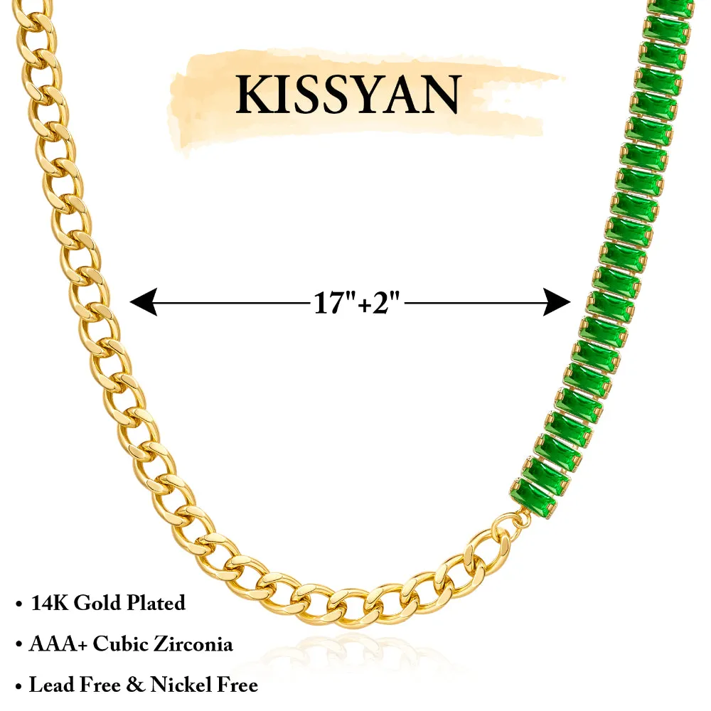 14K Gold Diamond Tennis Necklace CZ Tennis Chain- Baguette Green CZ & Cuban