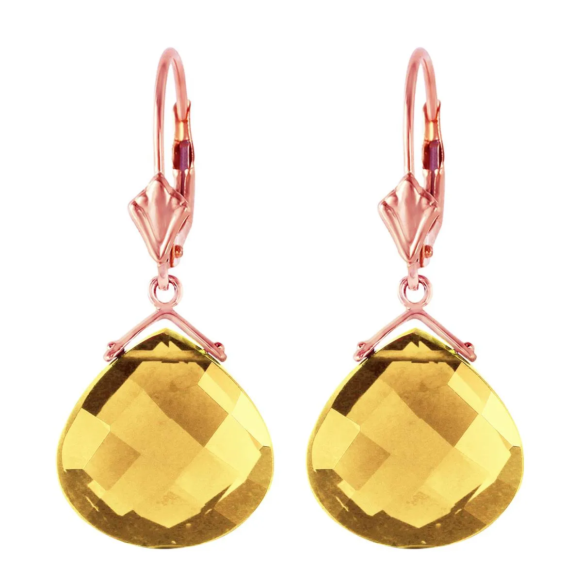 14K Solid Rose Gold Leverback Earrings Checkerboard Cut Citrines