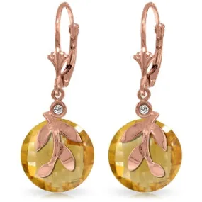 14K Solid Rose Gold Leverback Earrings Citrine & Diamond Gemstone