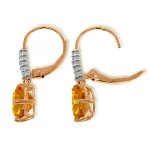 14K Solid Rose Gold Leverback Earrings Natural Diamond & Citrine Jewelry