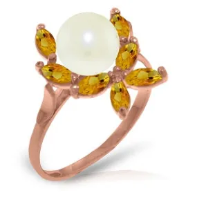 14K Solid Rose Gold Ring w/ Natural Citrines & Pearl