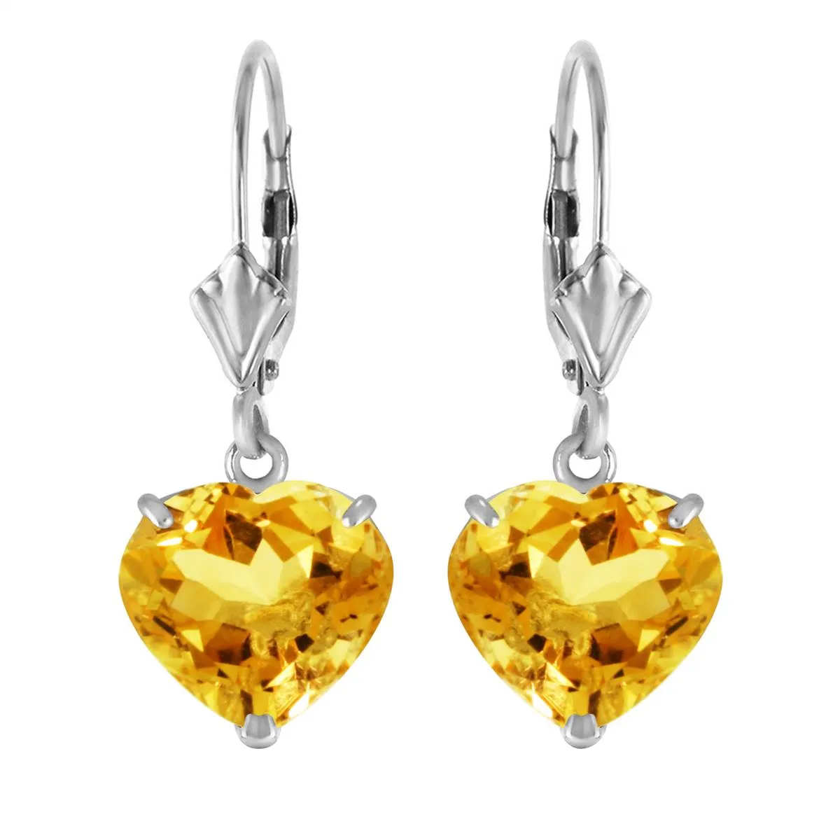 14K Solid White Gold Leverback Earrings Natural 10mm Heart Citrines