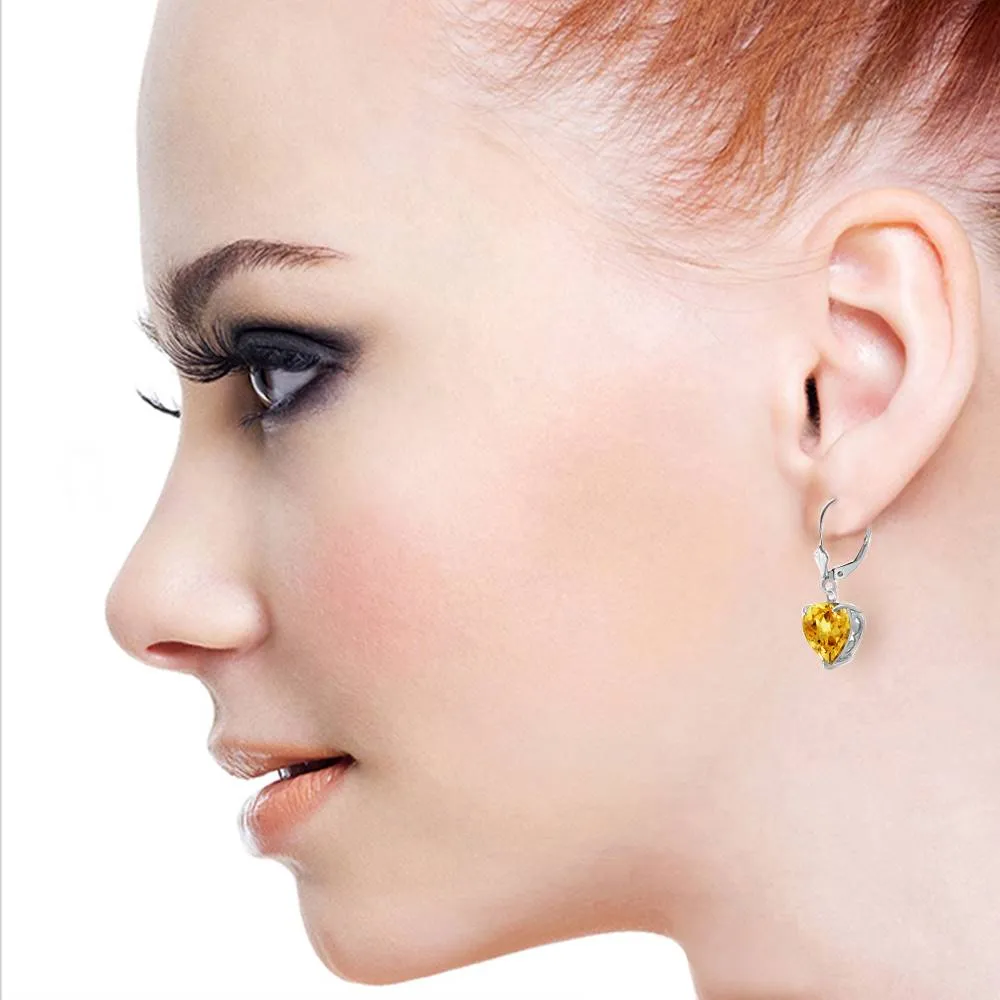 14K Solid White Gold Leverback Earrings Natural 10mm Heart Citrines