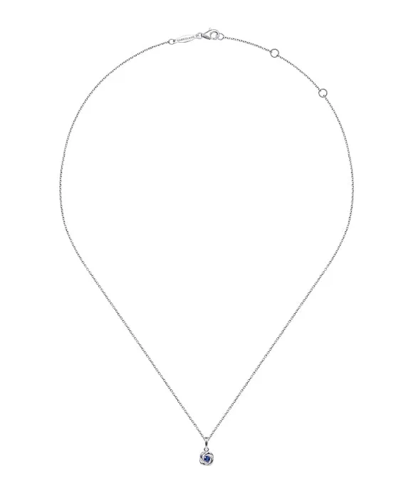 14K White Gold Round Sapphire with Twisted Metal Frame Pendant Necklace