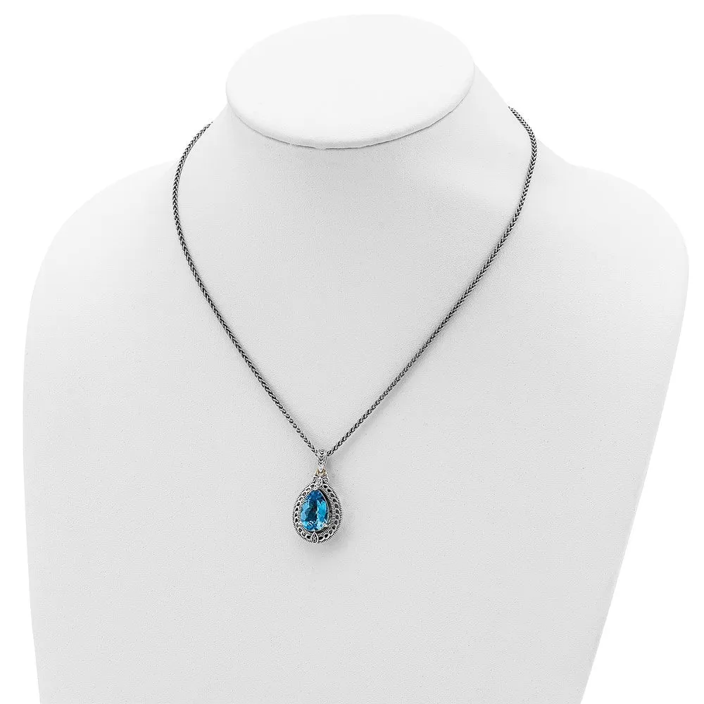 15X10MM Pear Swiss Blue Topaz and Diamond Lobster Clasp 18-inch Necklace in Sterling Silver