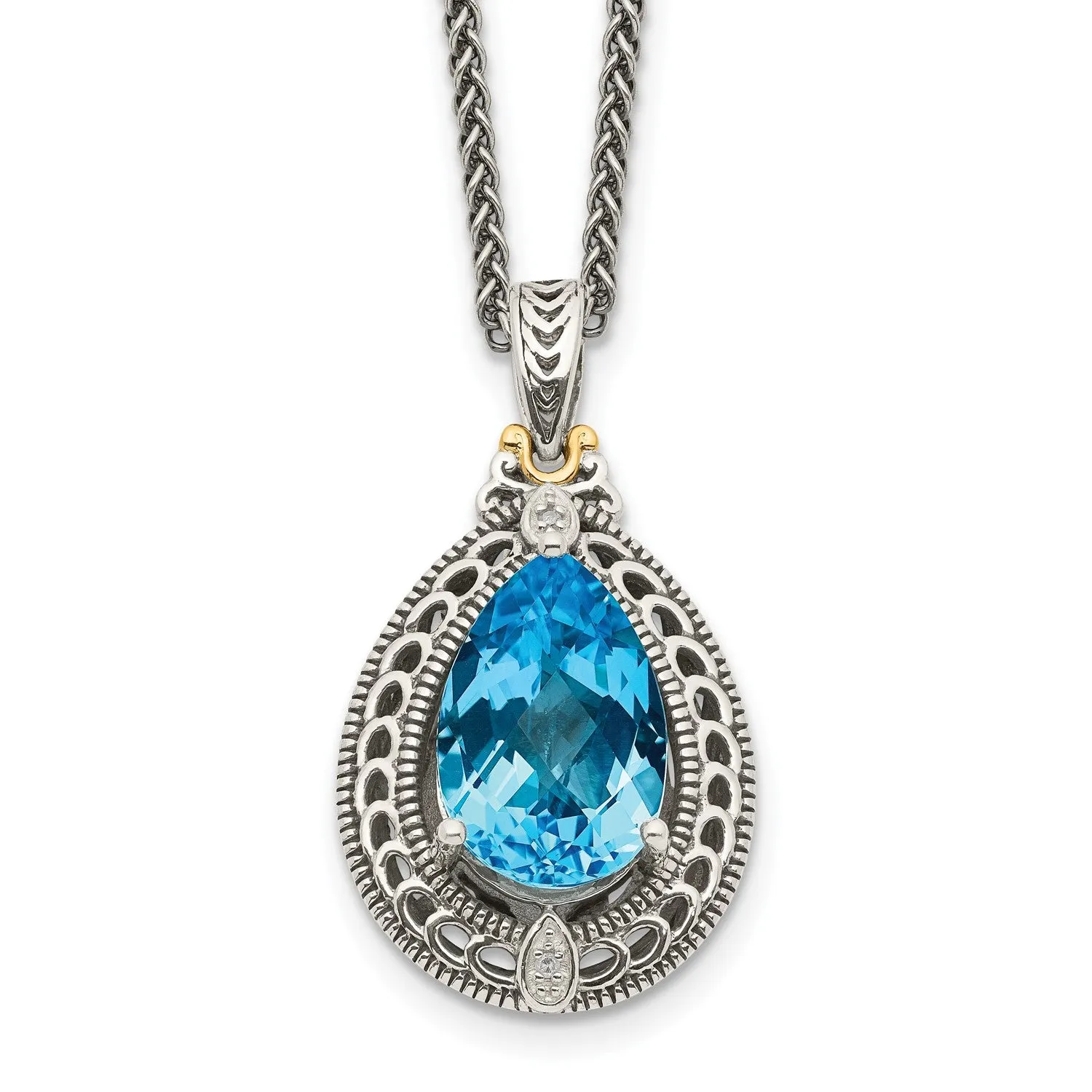 15X10MM Pear Swiss Blue Topaz and Diamond Lobster Clasp 18-inch Necklace in Sterling Silver