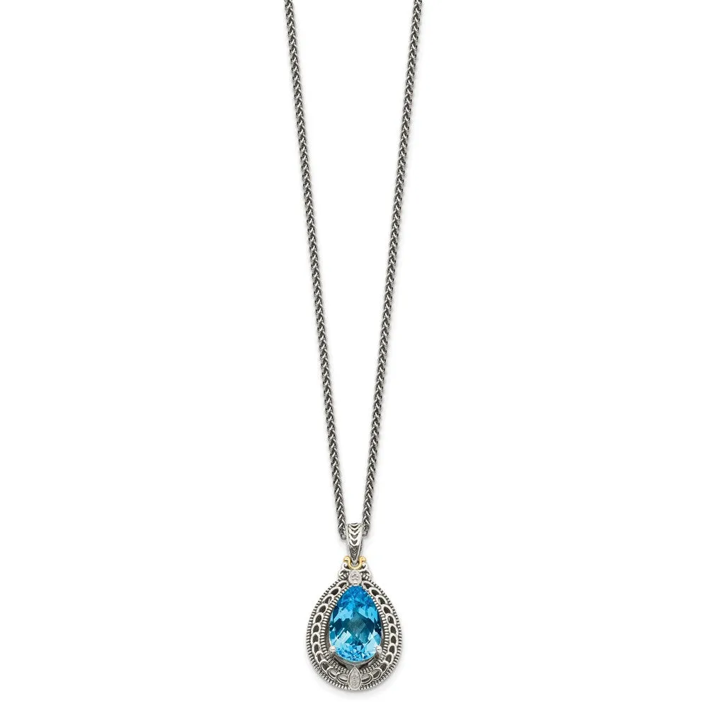 15X10MM Pear Swiss Blue Topaz and Diamond Lobster Clasp 18-inch Necklace in Sterling Silver