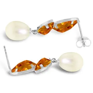 16 Carat 14K Solid White Gold Chandelier Earrings Pearl Citrine