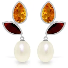 16 Carat 14K Solid White Gold Earrings Citrine, Garnet Pearl