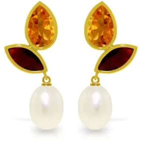16 Carat 14K Solid Yellow Gold Earrings Citrine, Garnet Pearl