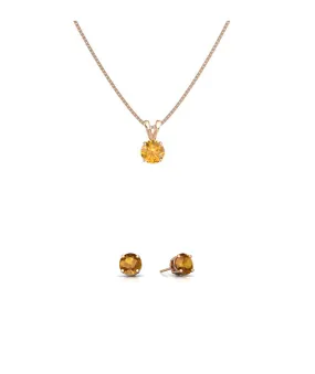 18K Rose Gold 4ct Citrine Round 18 Inch Necklace and Earrings Set Plated