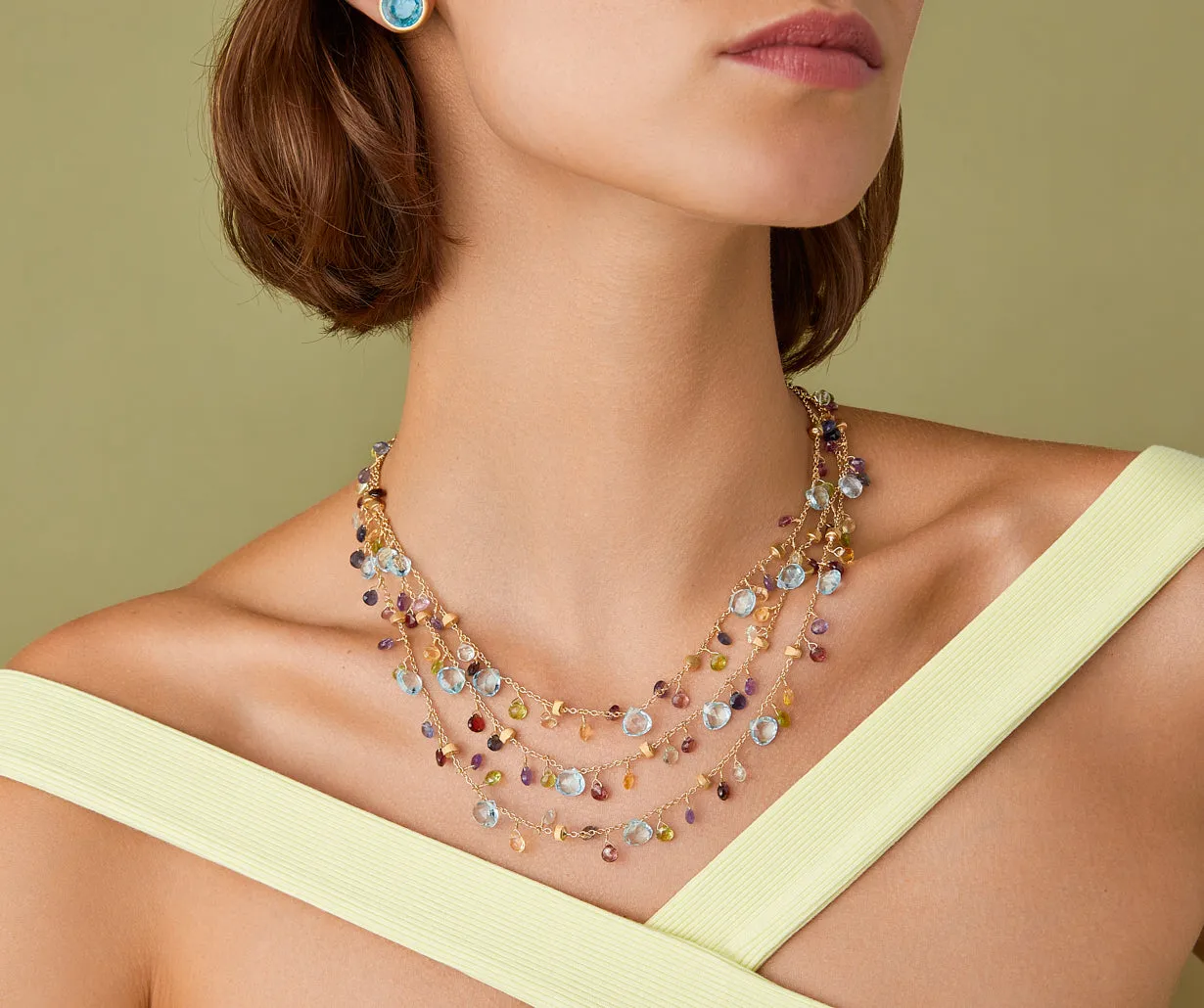 18K Yellow Gold 3-Strand Gemstone Necklace, Topaz Accents