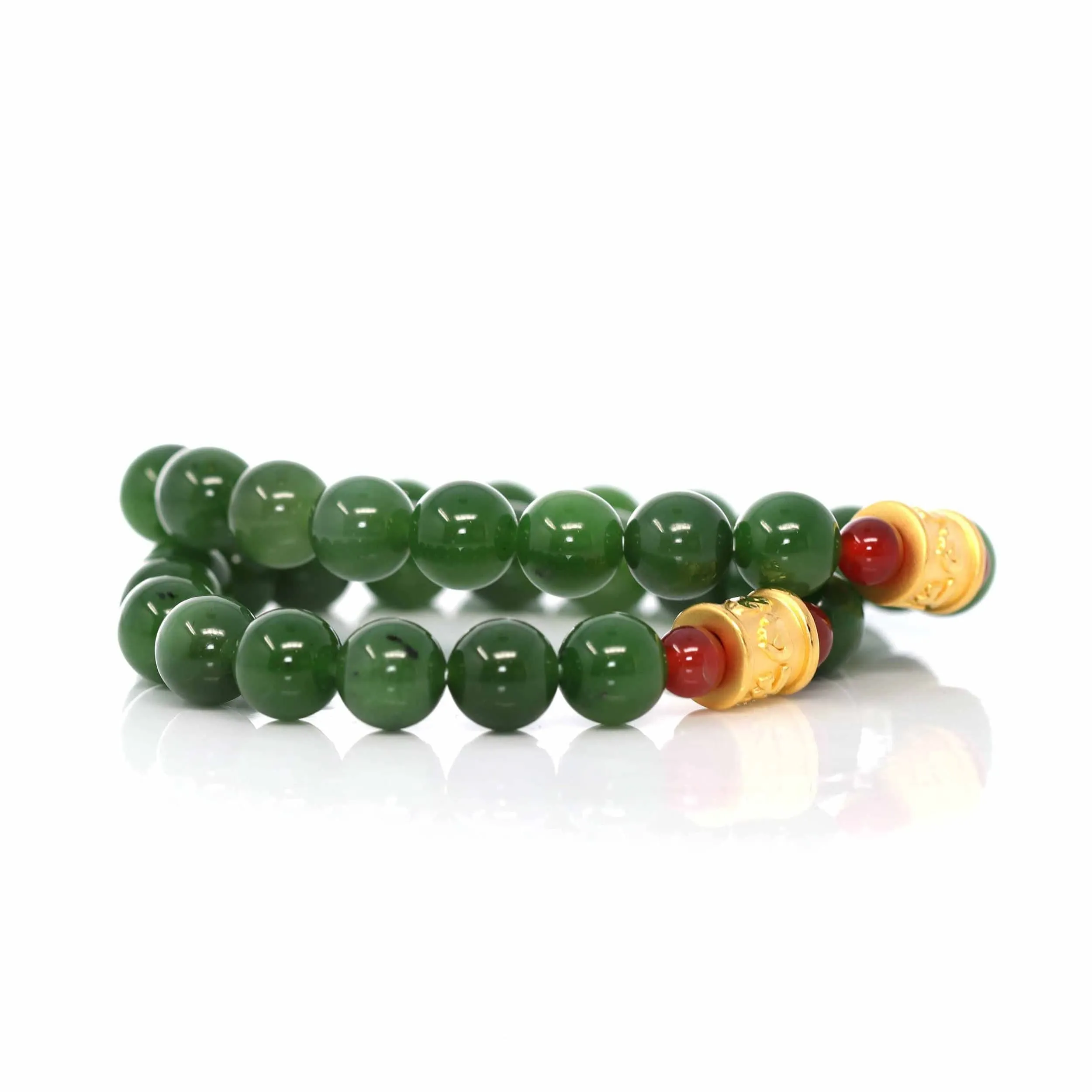 24K Pure Yellow Gold Buddha Symbol Tongtong With Genuine Green Jade Round Beads Bracelet Bangle ( 9.5 mm )