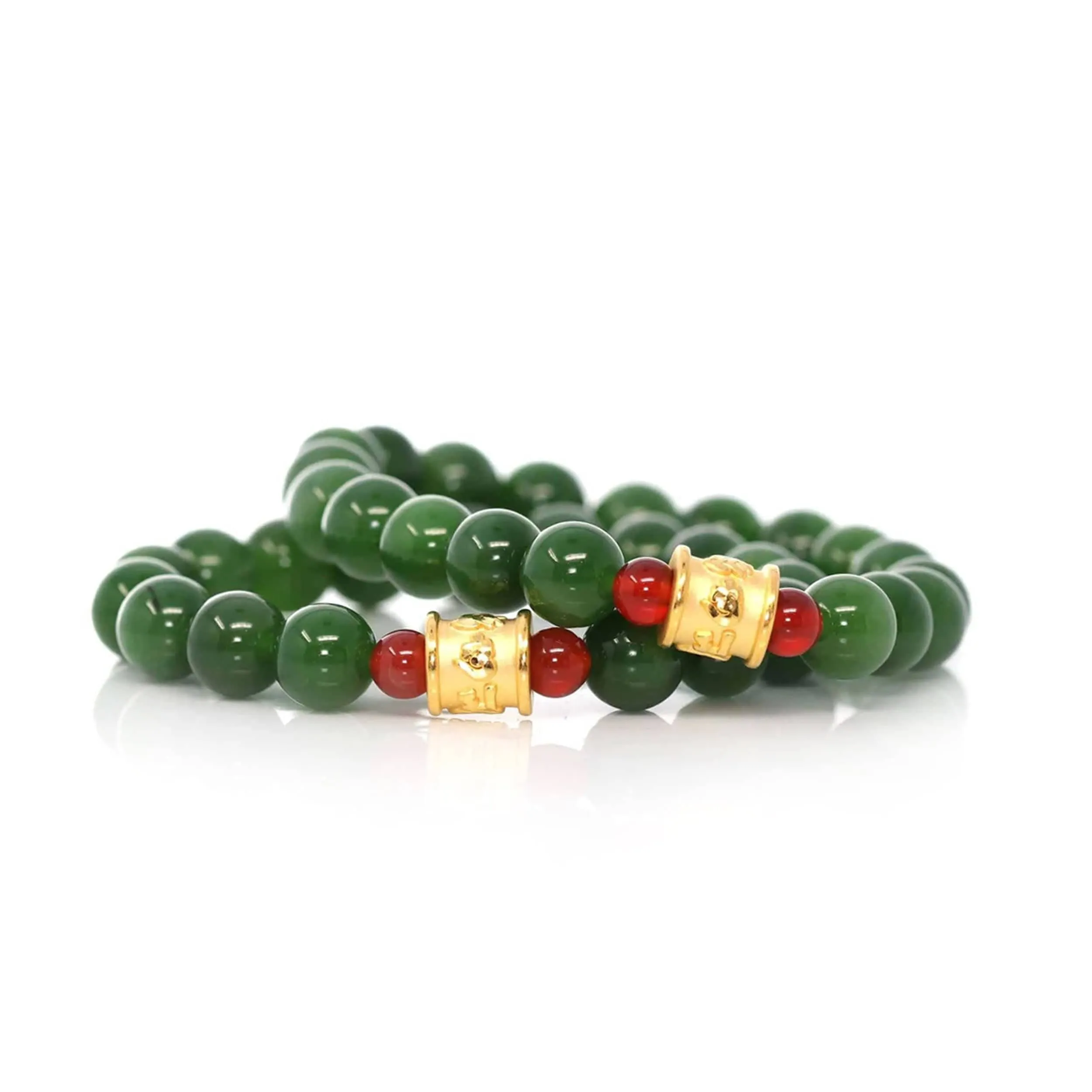 24K Pure Yellow Gold Buddha Symbol Tongtong With Genuine Green Jade Round Beads Bracelet Bangle ( 9.5 mm )