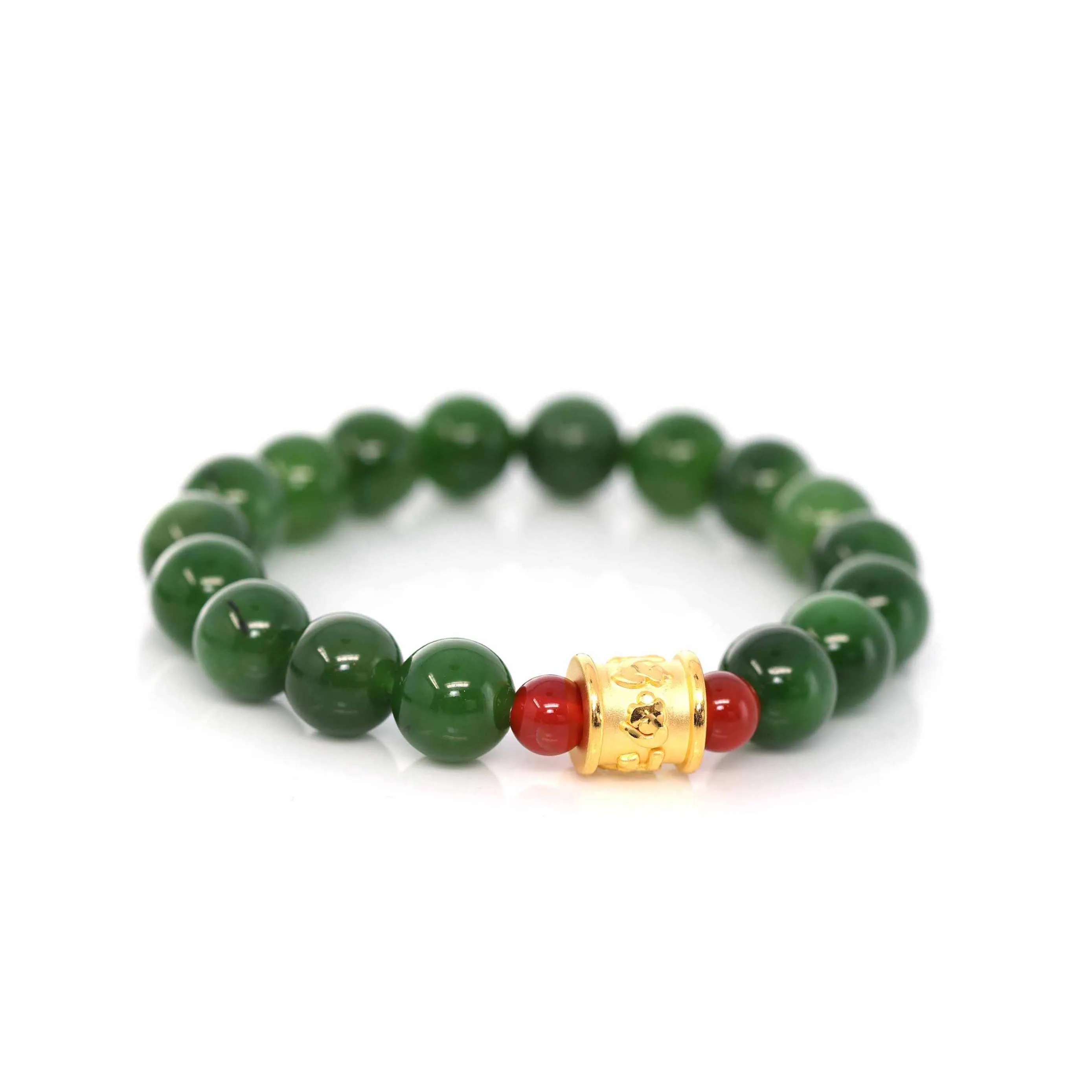 24K Pure Yellow Gold Buddha Symbol Tongtong With Genuine Green Jade Round Beads Bracelet Bangle ( 9.5 mm )