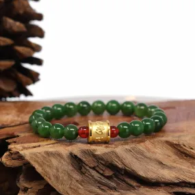 24K Pure Yellow Gold Buddha Symbol Tongtong With Genuine Green Jade Round Beads Bracelet Bangle ( 9.5 mm )