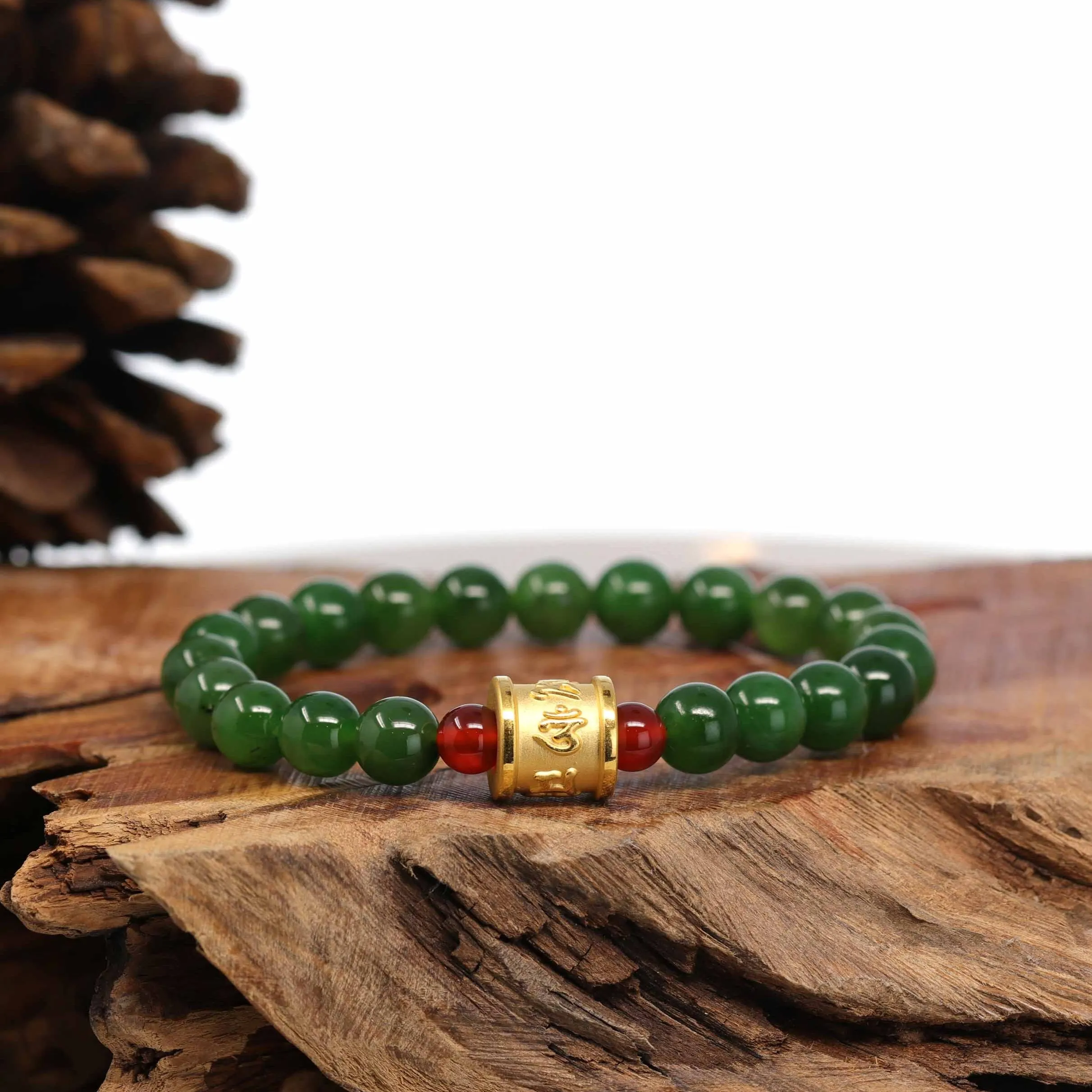 24K Pure Yellow Gold Buddha Symbol Tongtong With Genuine Green Jade Round Beads Bracelet Bangle ( 9.5 mm )