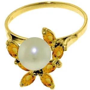 2.65 Carat 14K Solid Yellow Gold Ring Natural Citrine Pearl