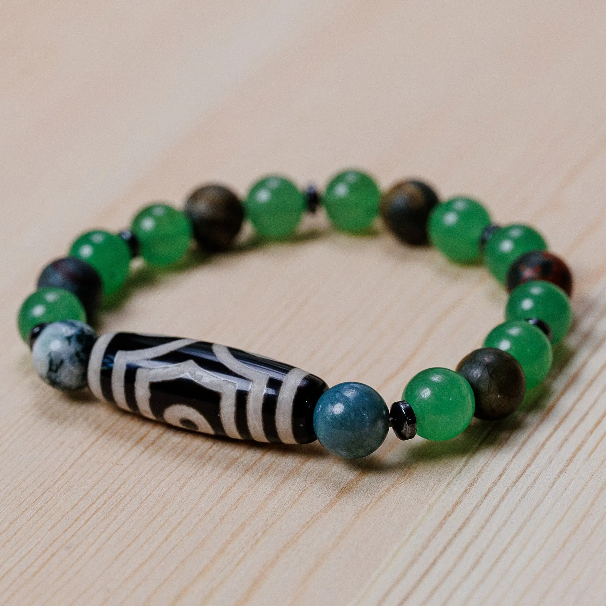 3-Eyed Dzi Multi-Gemstone Beaded Stretch Pendant Bracelet - Three-Eyed Dzi | NOVICA