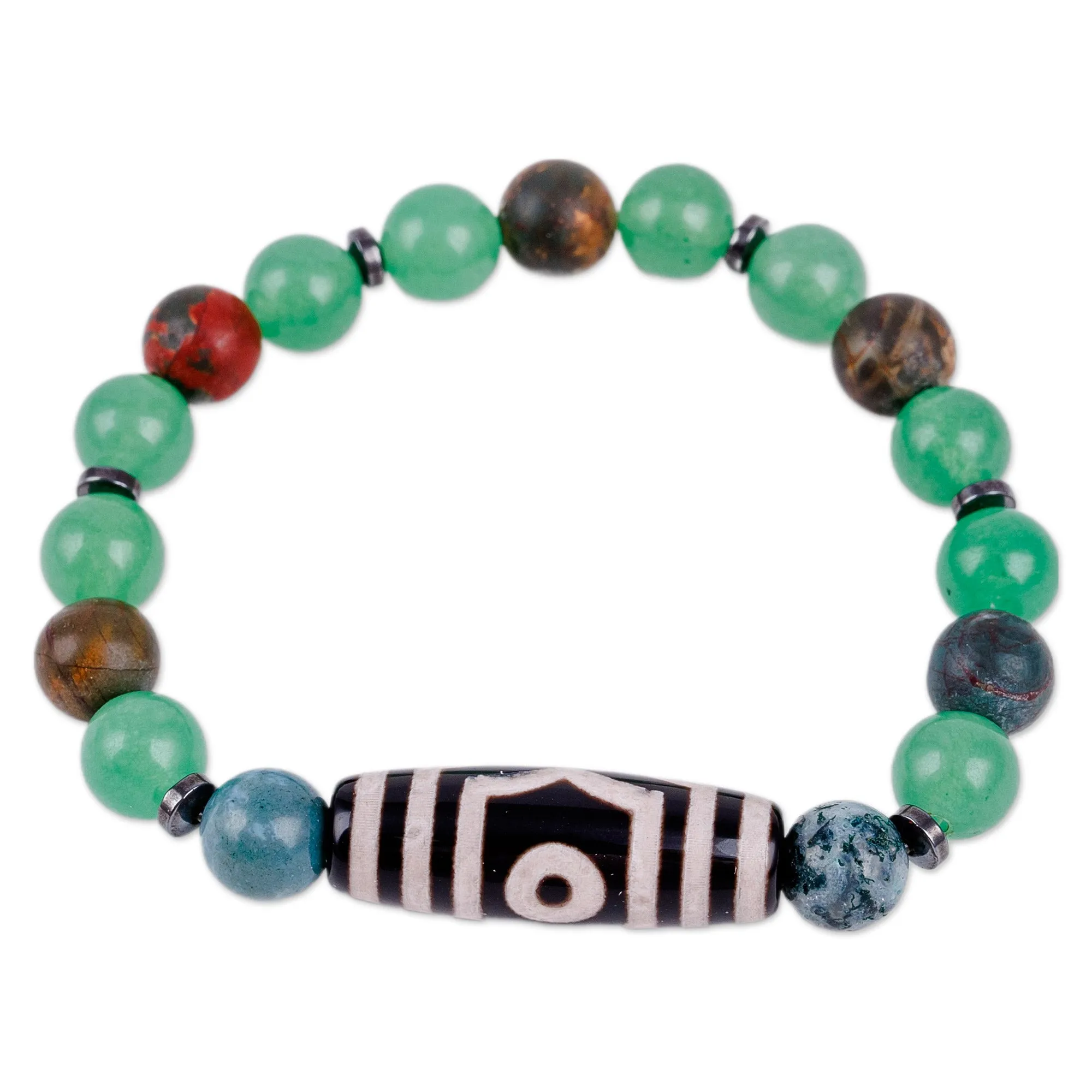 3-Eyed Dzi Multi-Gemstone Beaded Stretch Pendant Bracelet - Three-Eyed Dzi | NOVICA