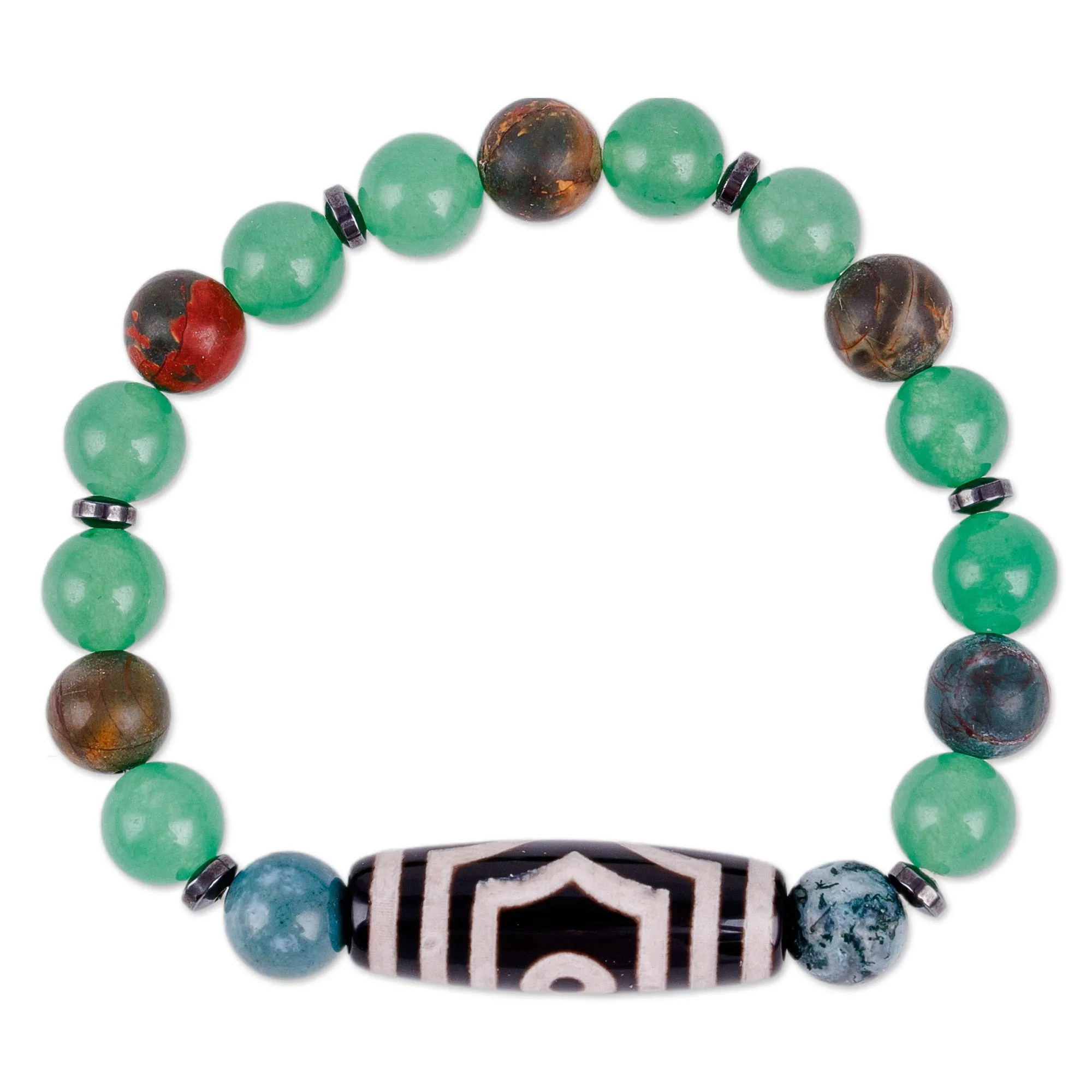 3-Eyed Dzi Multi-Gemstone Beaded Stretch Pendant Bracelet - Three-Eyed Dzi | NOVICA