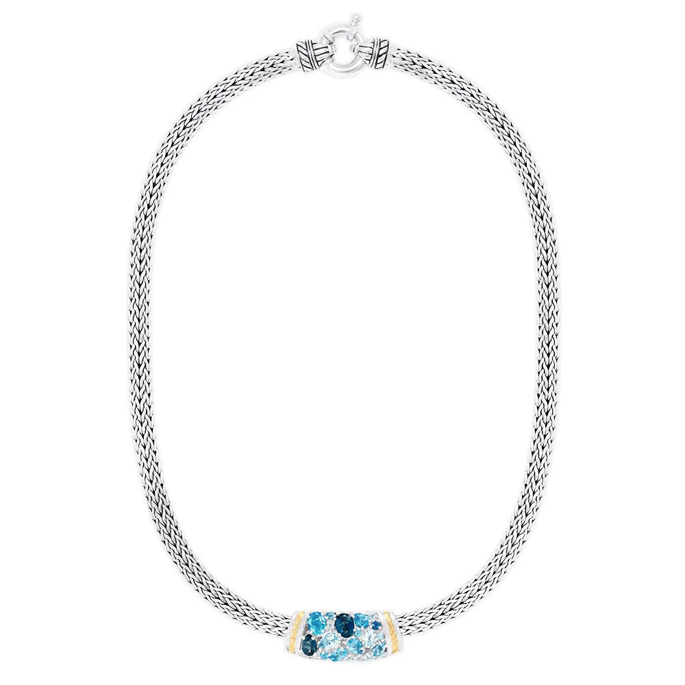 925 Sterling Silver & 18K Gold Blue Topaz Splash Necklace, 6.70 TCW