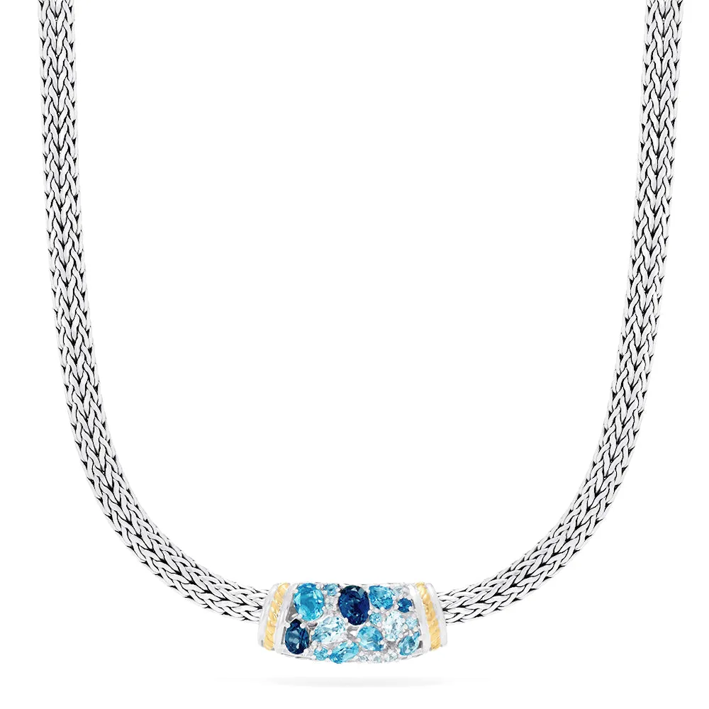 925 Sterling Silver & 18K Gold Blue Topaz Splash Necklace, 6.70 TCW