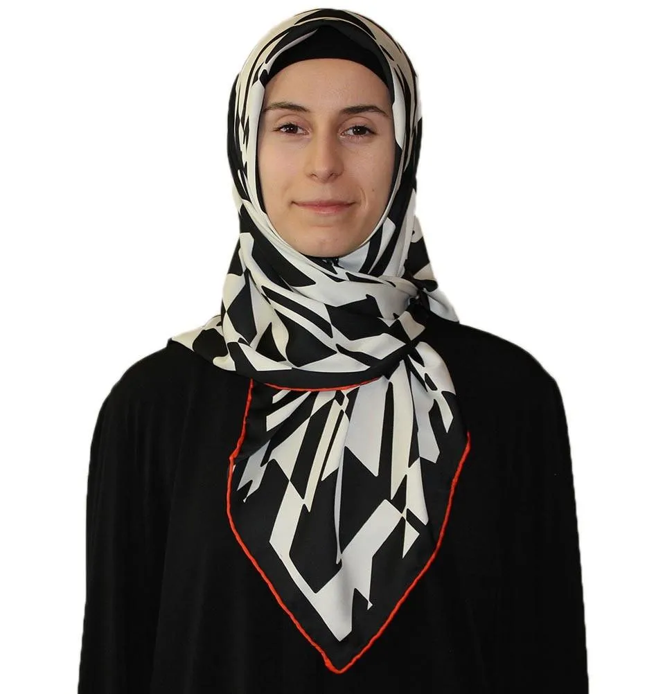 Aker Satin Square Hijab Scarf 6749 963 Black / White