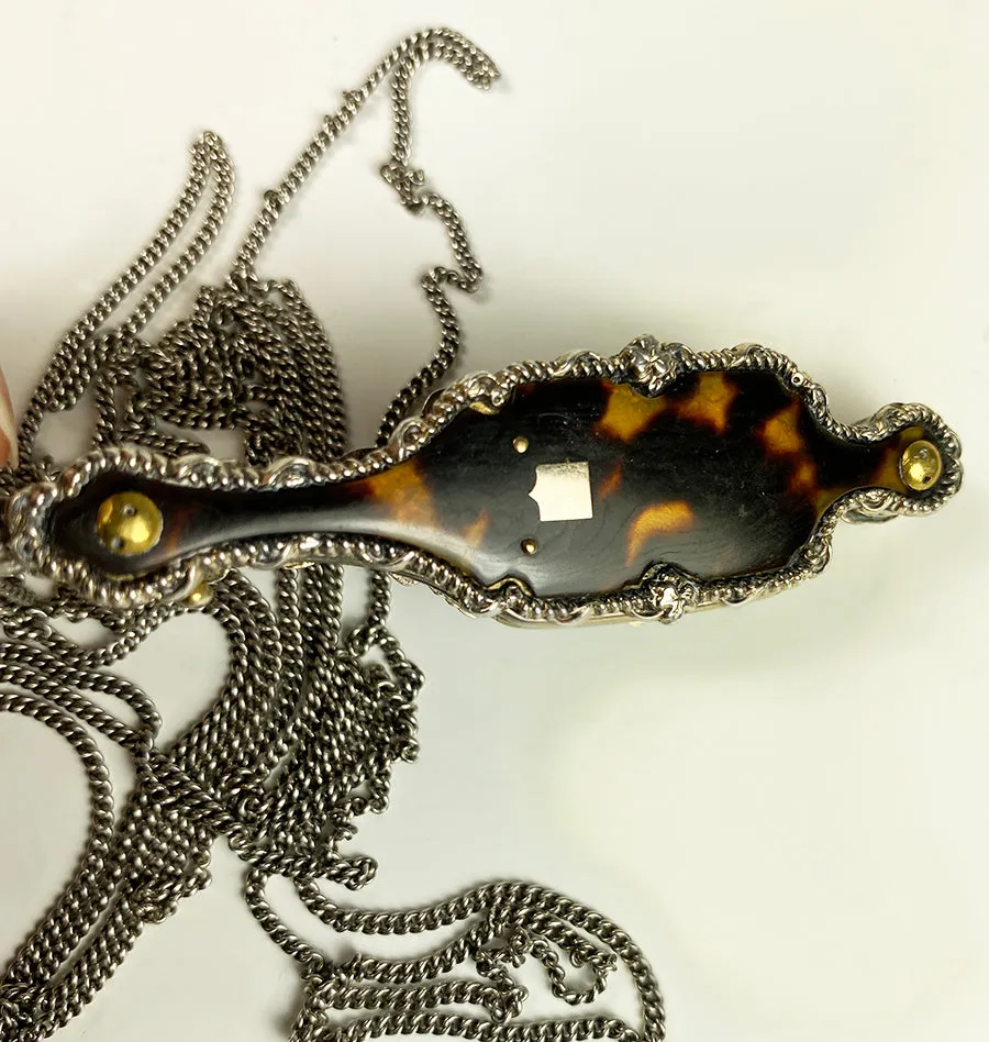 Antique French Lorgnette in Fine Sterling Silver and Tortoise Shell, 60" Silver Chain Included