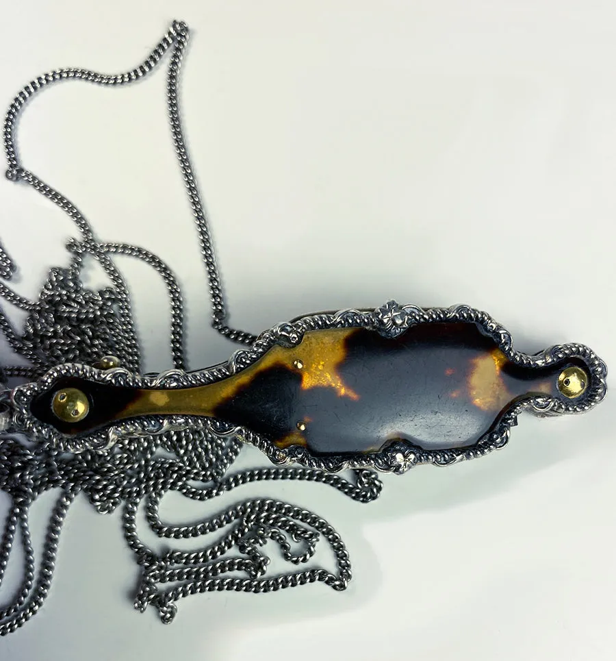 Antique French Lorgnette in Fine Sterling Silver and Tortoise Shell, 60" Silver Chain Included