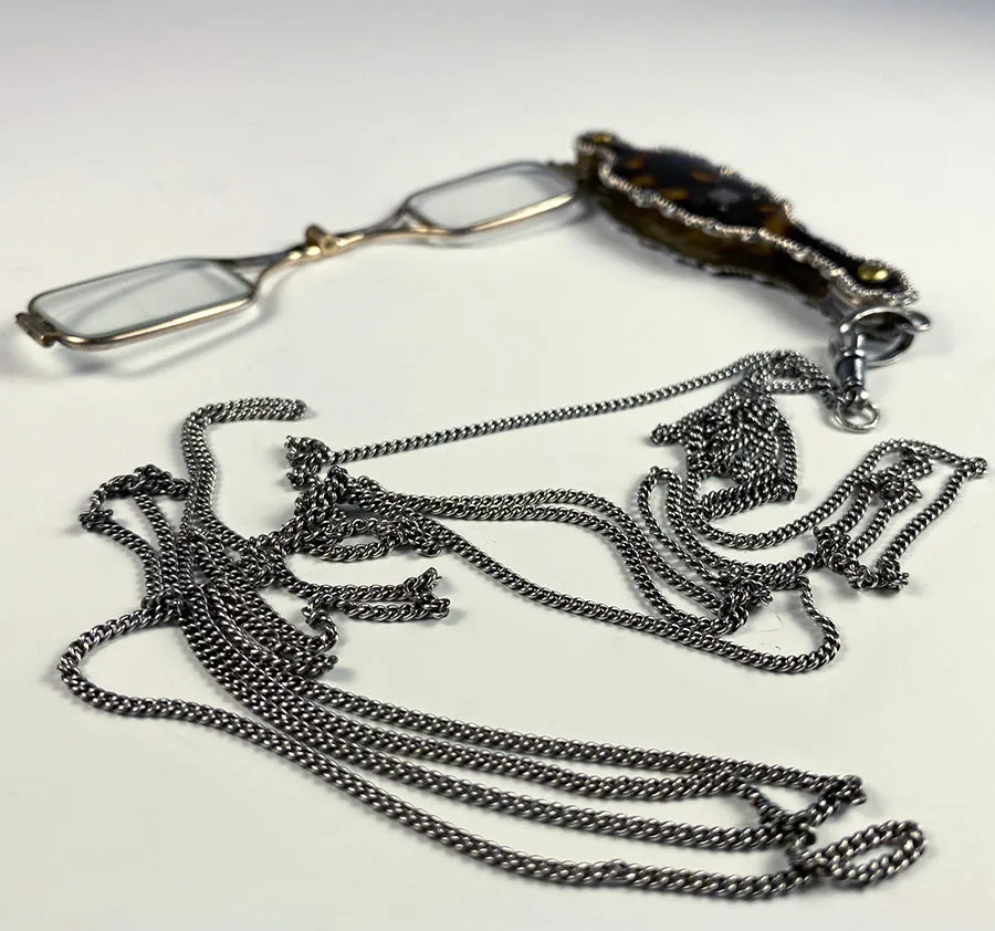 Antique French Lorgnette in Fine Sterling Silver and Tortoise Shell, 60" Silver Chain Included