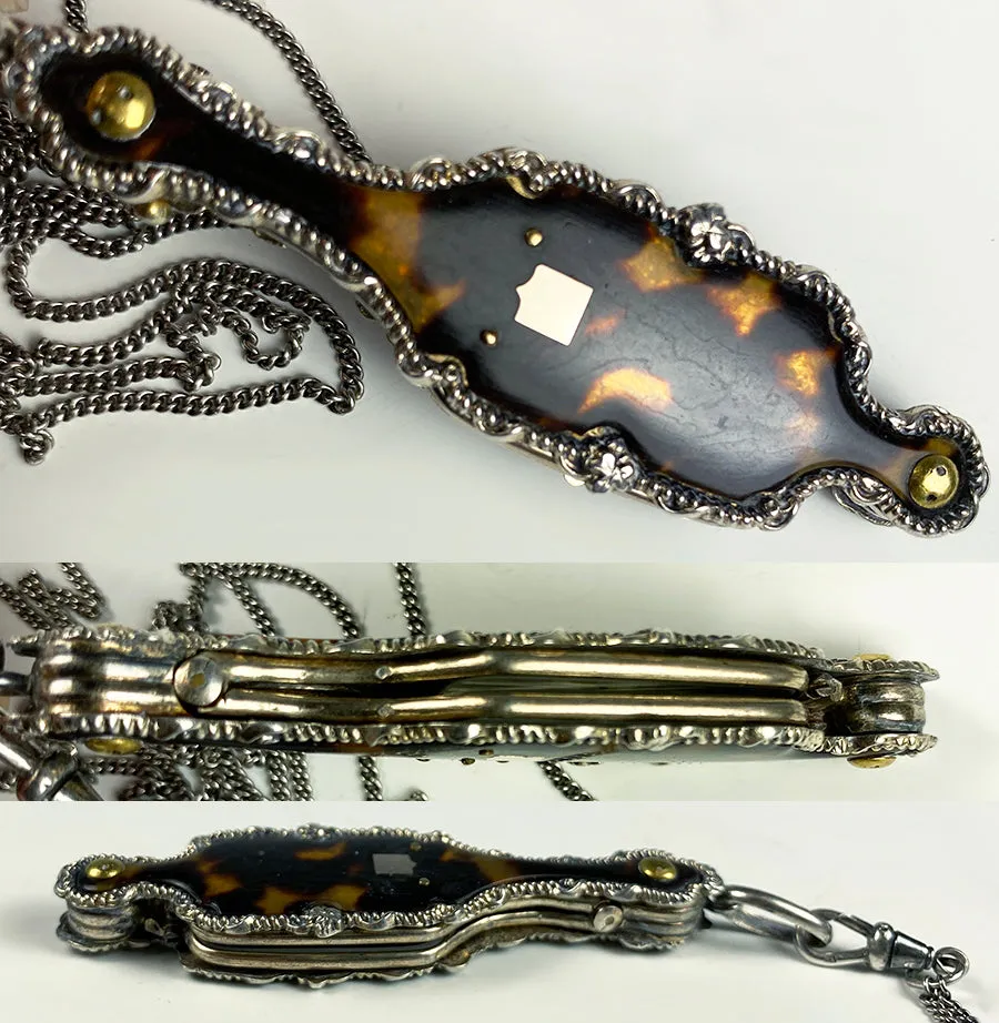 Antique French Lorgnette in Fine Sterling Silver and Tortoise Shell, 60" Silver Chain Included