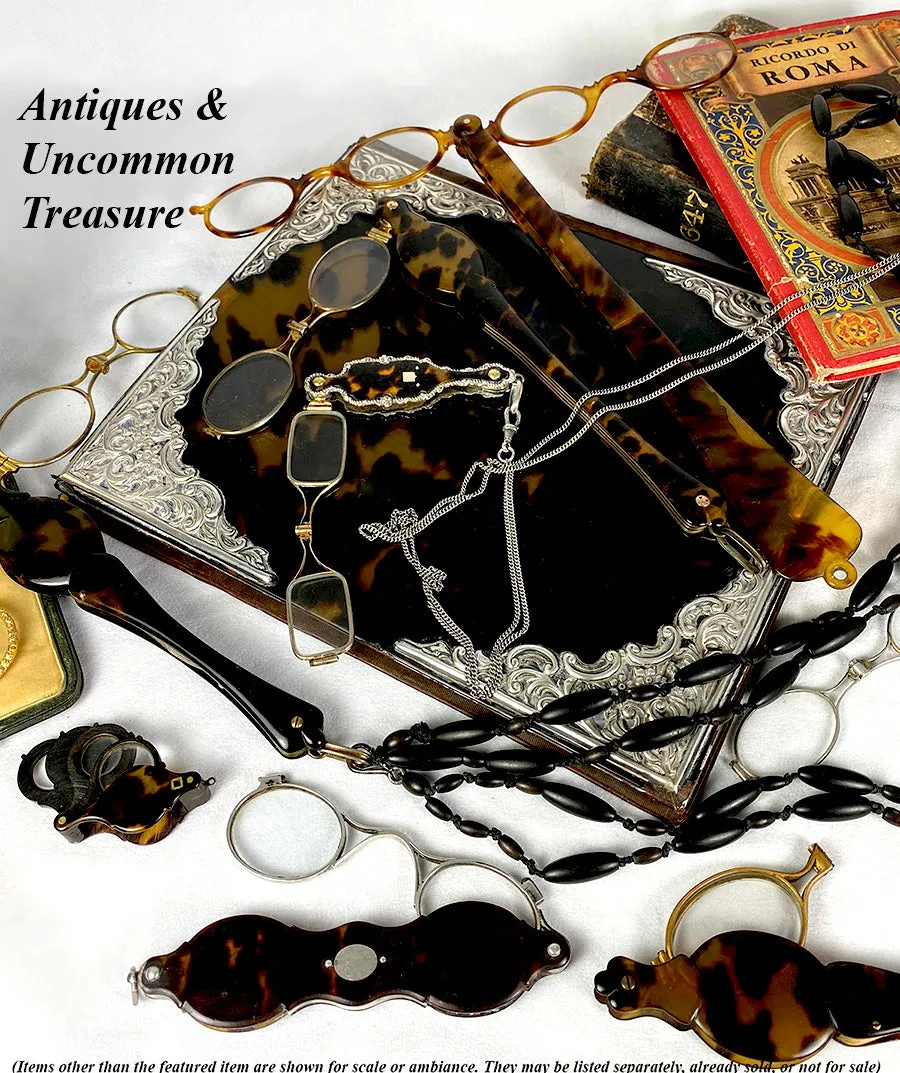 Antique French Lorgnette in Fine Sterling Silver and Tortoise Shell, 60" Silver Chain Included