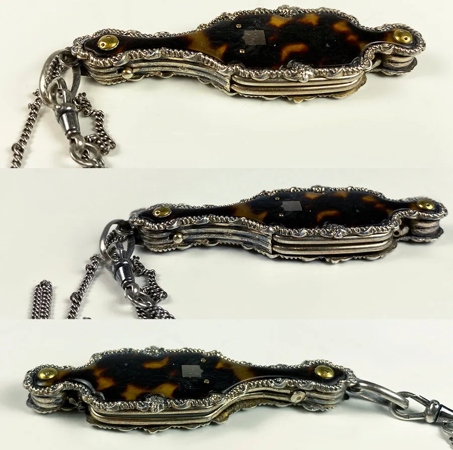 Antique French Lorgnette in Fine Sterling Silver and Tortoise Shell, 60" Silver Chain Included