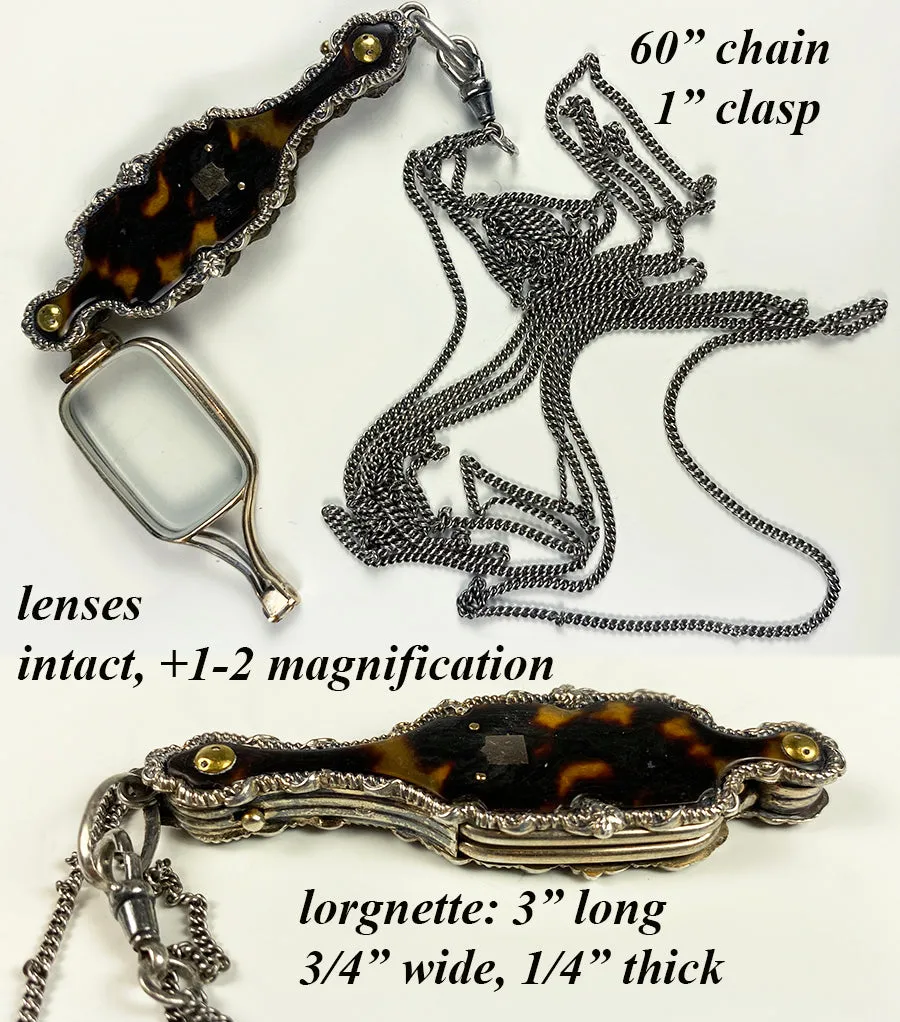 Antique French Lorgnette in Fine Sterling Silver and Tortoise Shell, 60" Silver Chain Included