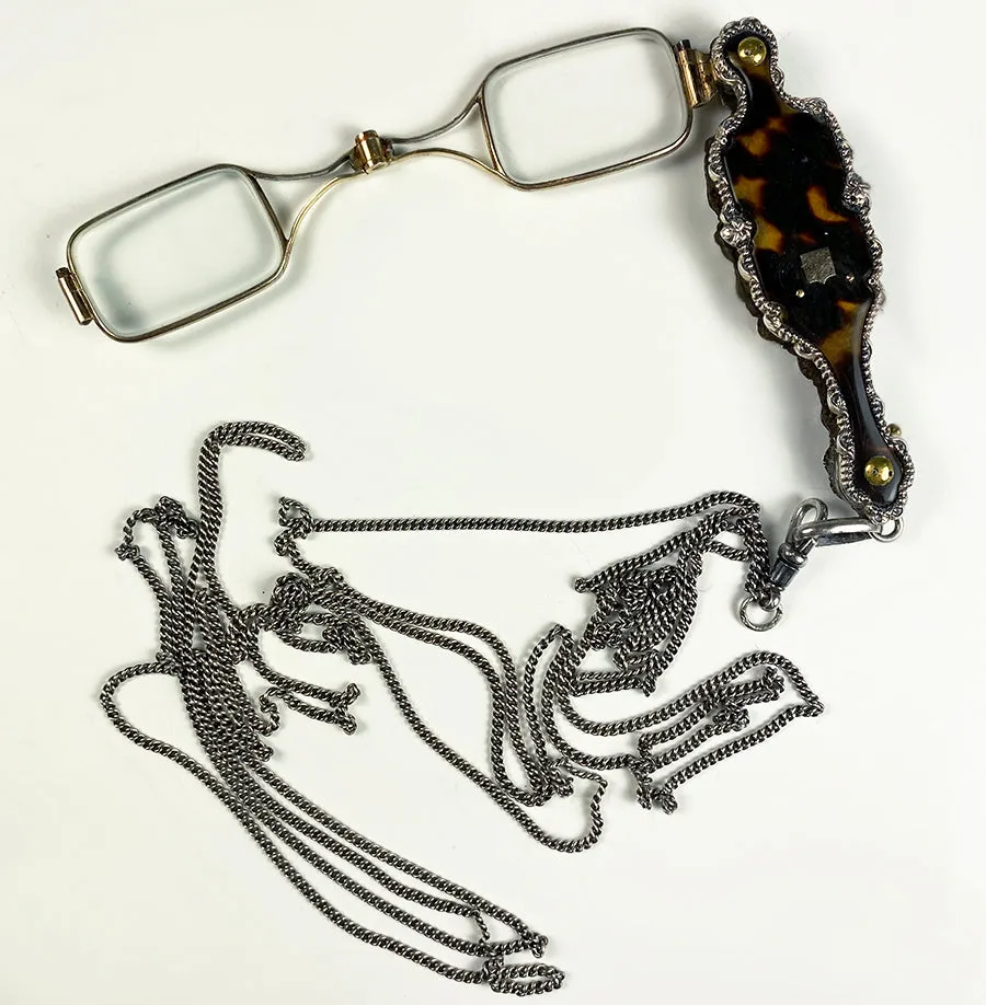Antique French Lorgnette in Fine Sterling Silver and Tortoise Shell, 60" Silver Chain Included
