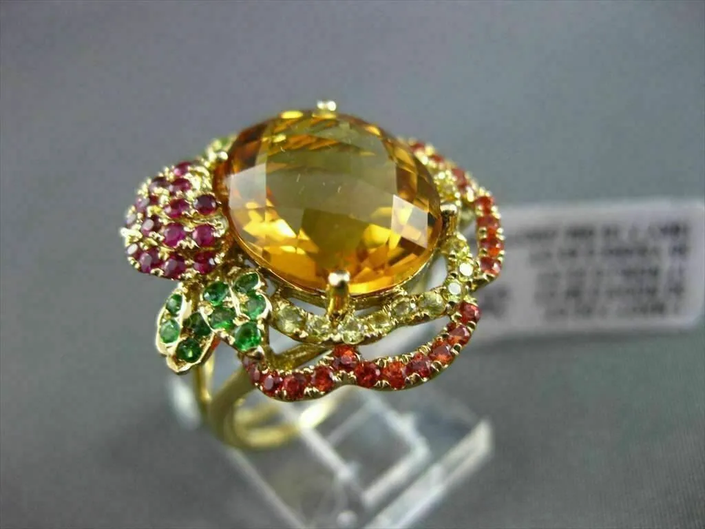 ANTIQUE LARGE 8CT EXTRA FACET MULTI COLOR GEMSTONE 18KT YELLOW GOLD FLOWER RING