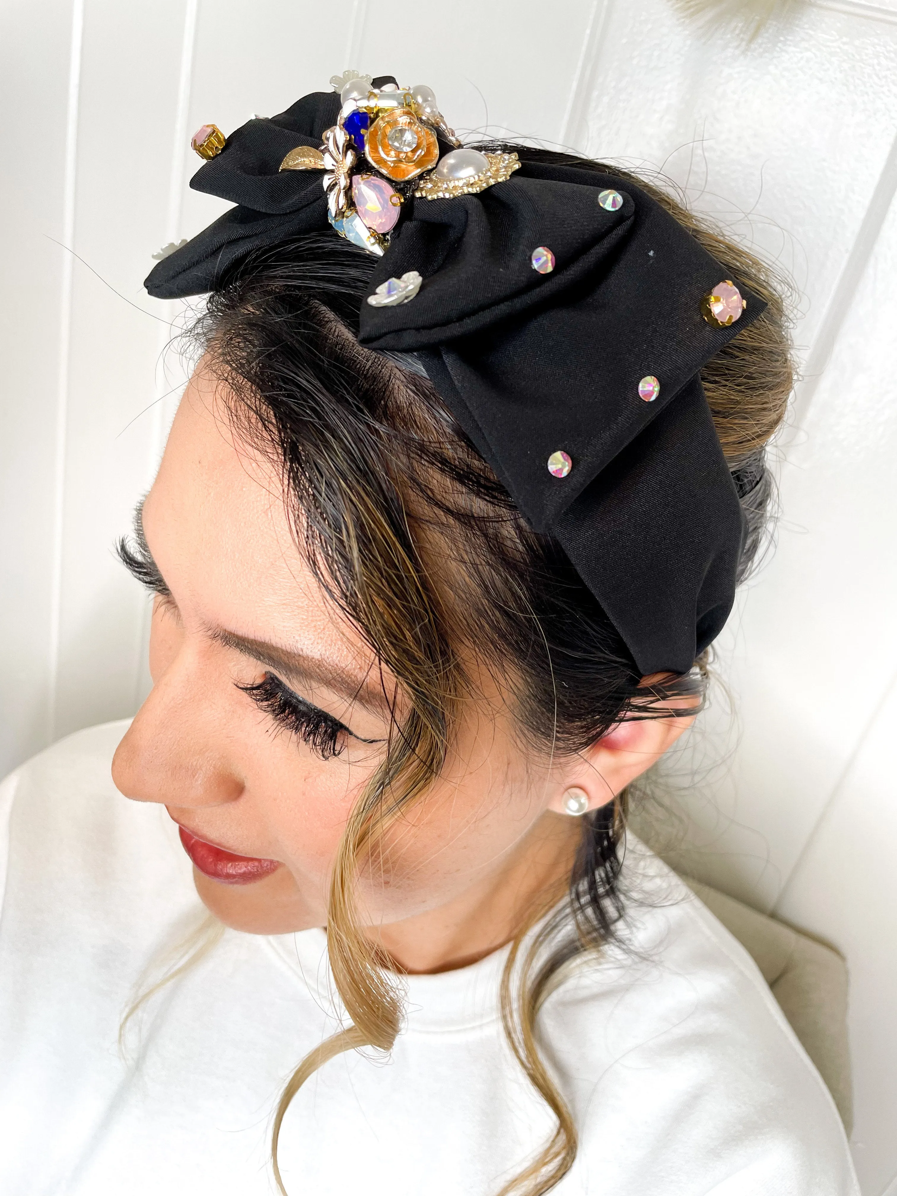 Antoinette Embellished Bow Headband - Black Color