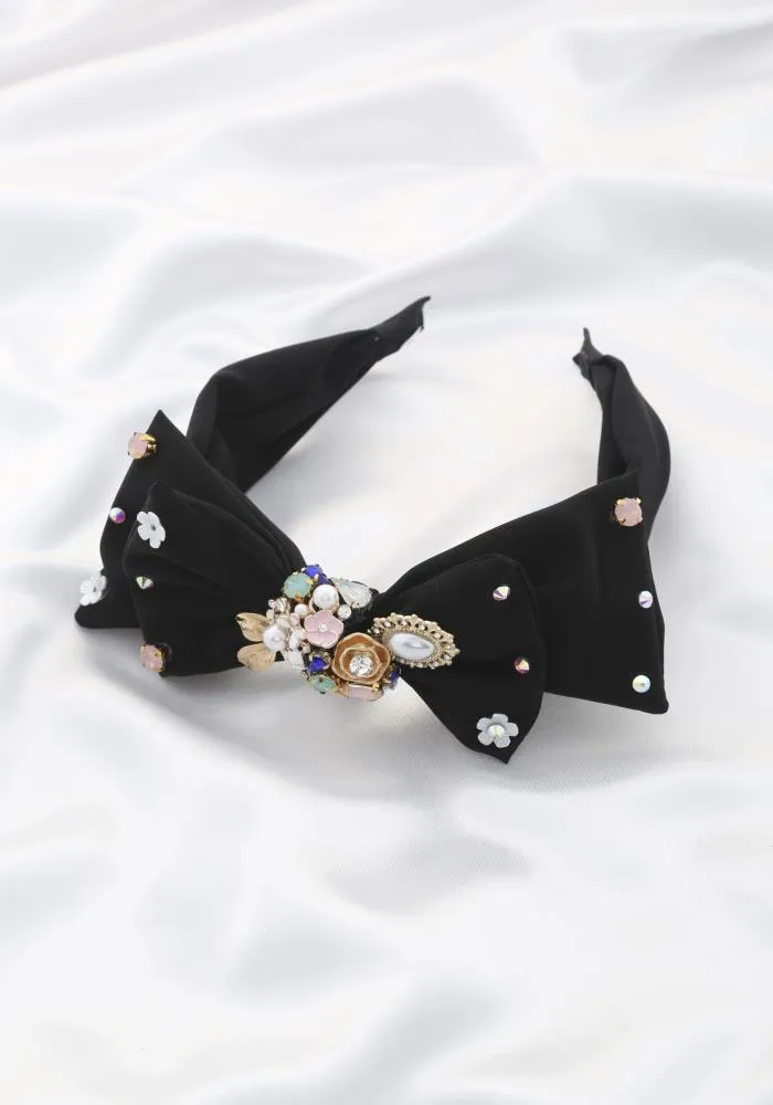Antoinette Embellished Bow Headband - Black Color
