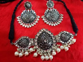 Aradhya Afghani Pendant Turkish stone choker silver Oxidised Jewellery set with earrings for Women and Girls