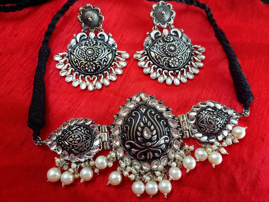 Aradhya Afghani Pendant Turkish stone choker silver Oxidised Jewellery set with earrings for Women and Girls