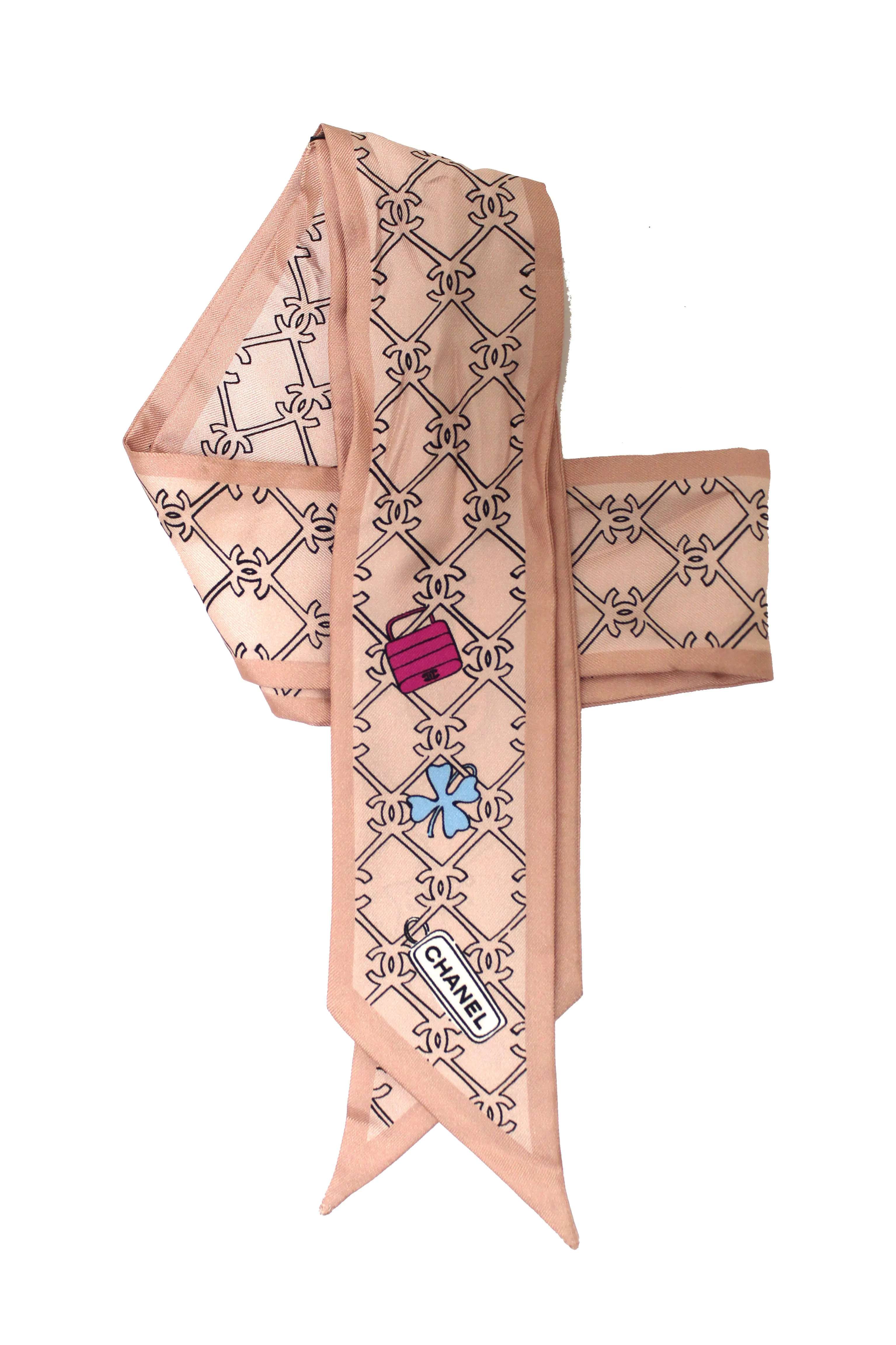 Authentic Chanel Pink Lucky Charm Silk Twilly Bandeau Scarf