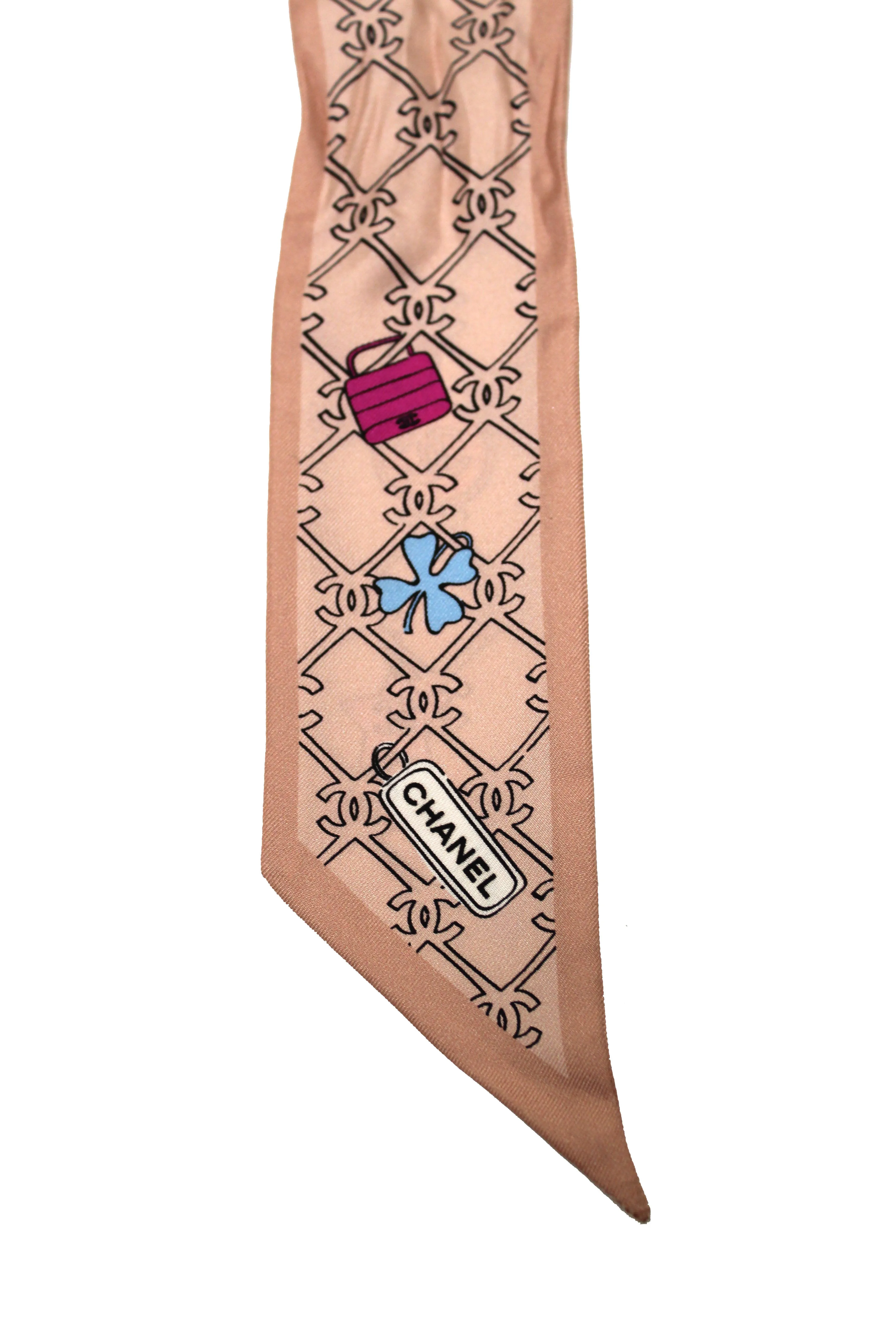 Authentic Chanel Pink Lucky Charm Silk Twilly Bandeau Scarf