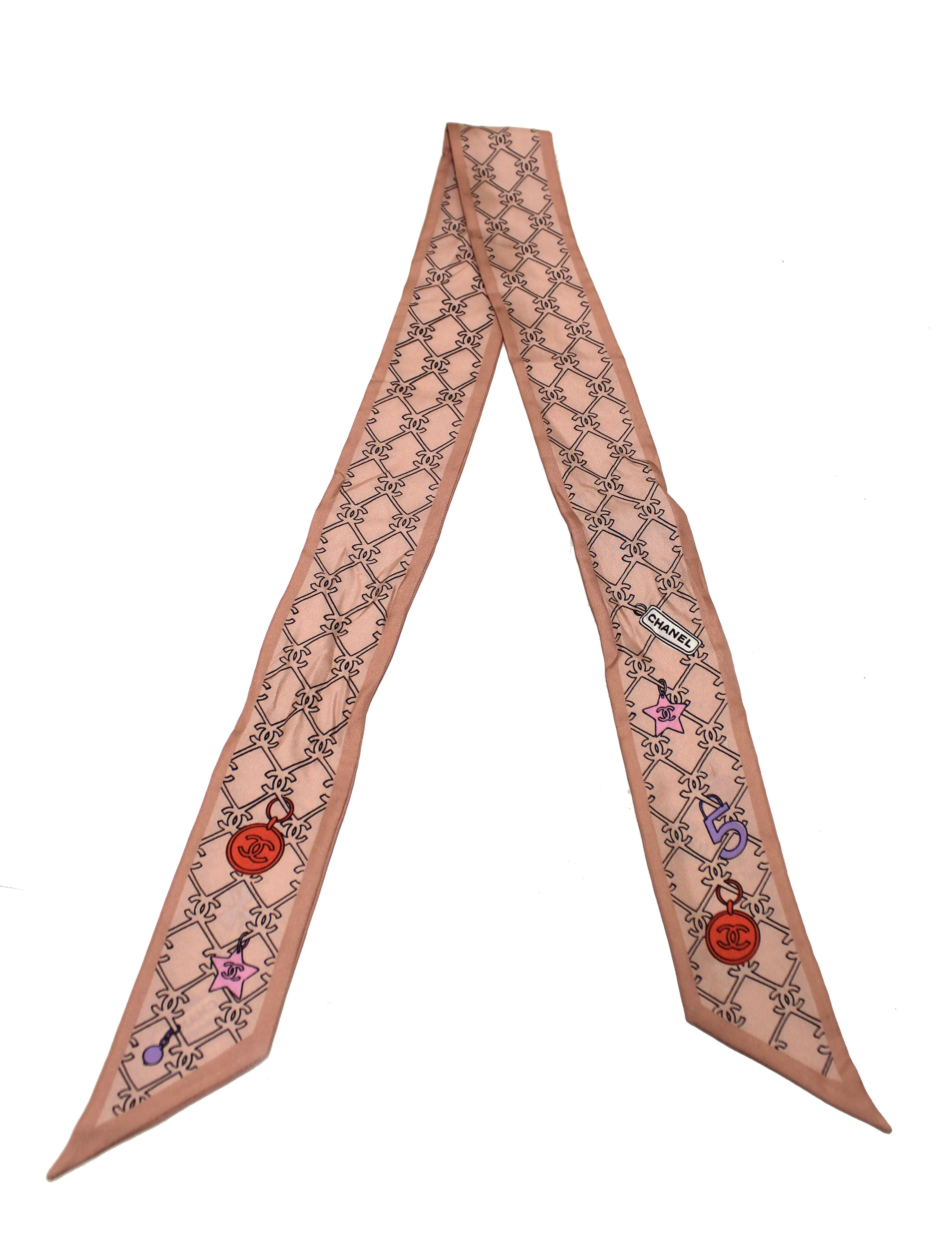Authentic Chanel Pink Lucky Charm Silk Twilly Bandeau Scarf