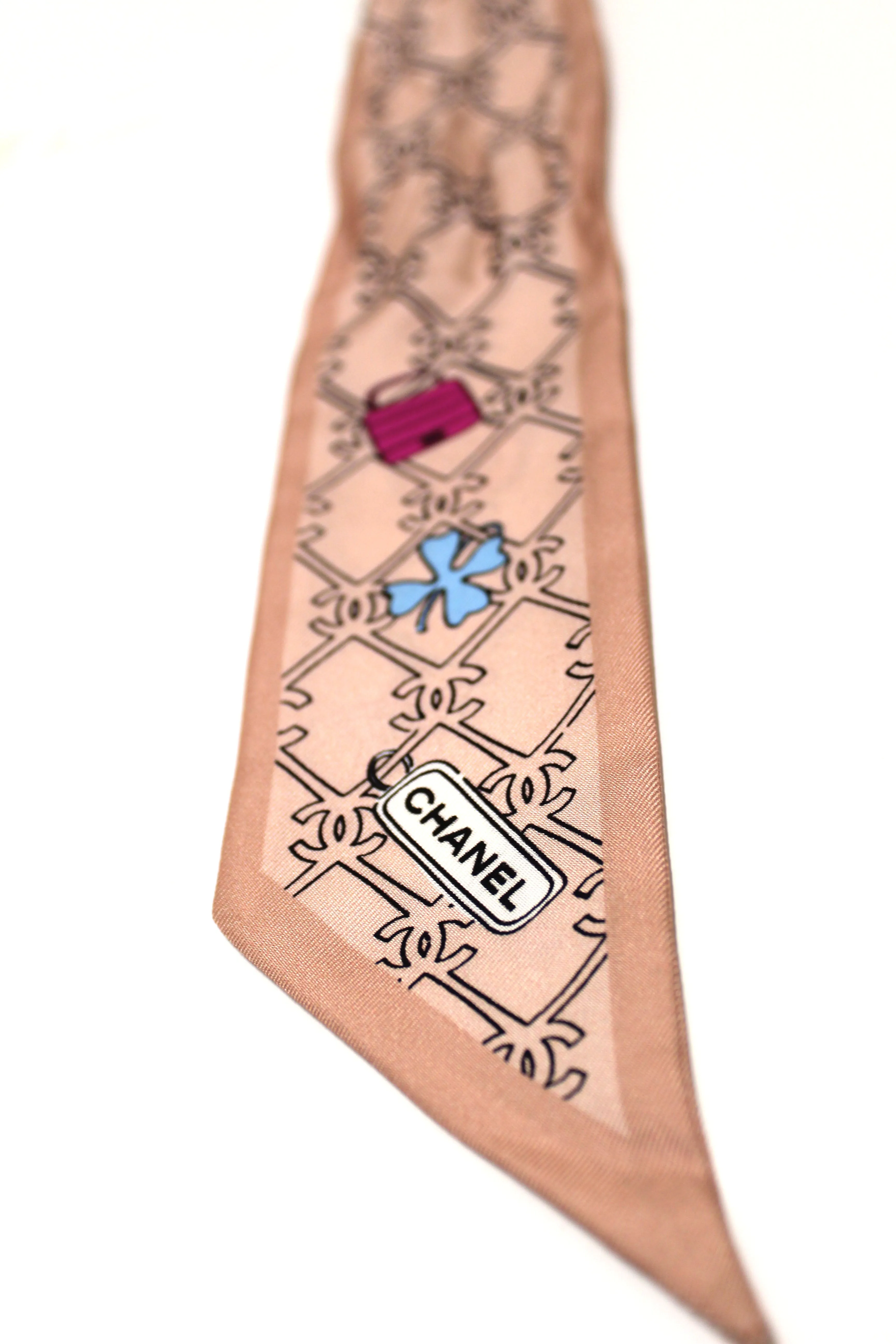 Authentic Chanel Pink Lucky Charm Silk Twilly Bandeau Scarf
