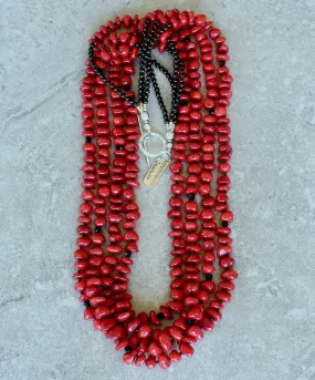 Bamboo Coral Pebble 4-Strand Necklace with Black Jet, Onyx and Sterling Silver