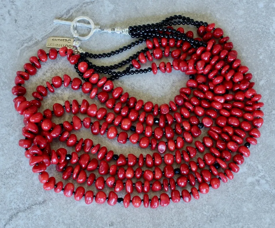 Bamboo Coral Pebble 4-Strand Necklace with Black Jet, Onyx and Sterling Silver